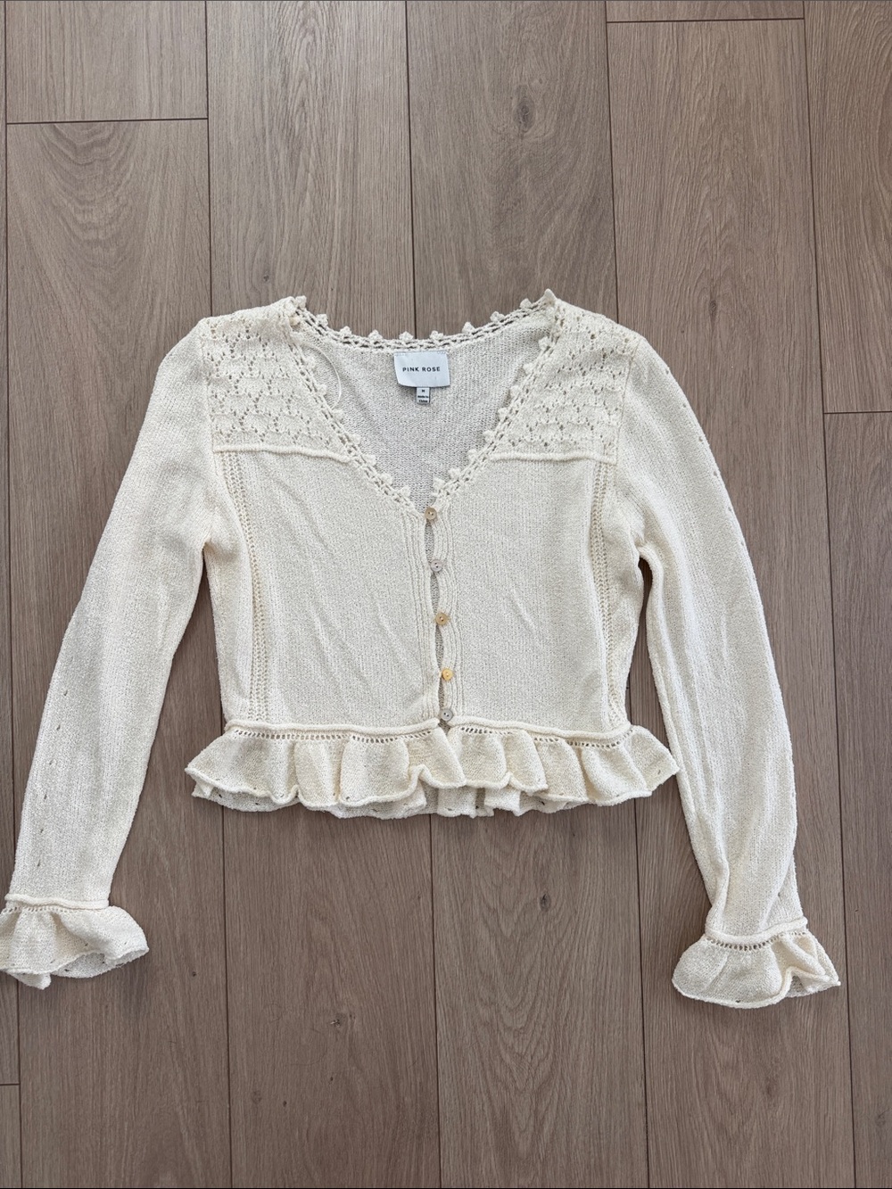 Pink Rose Cream Ruffle-Trim Knit Cardigan